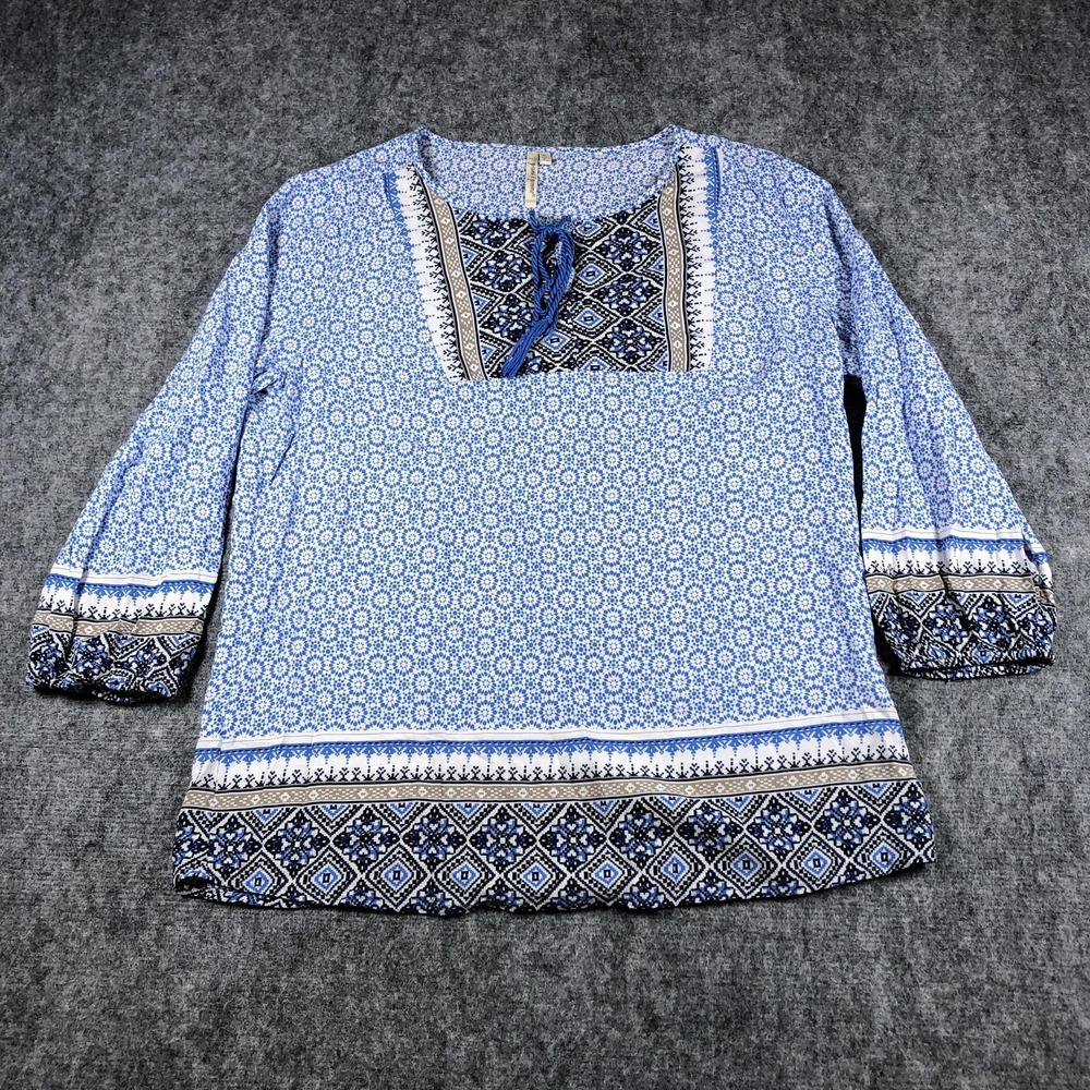 Grand & Greene‎ Shirt Womens Medium Blue Boho Floral Print 3/4 Sleeve Rayon Top